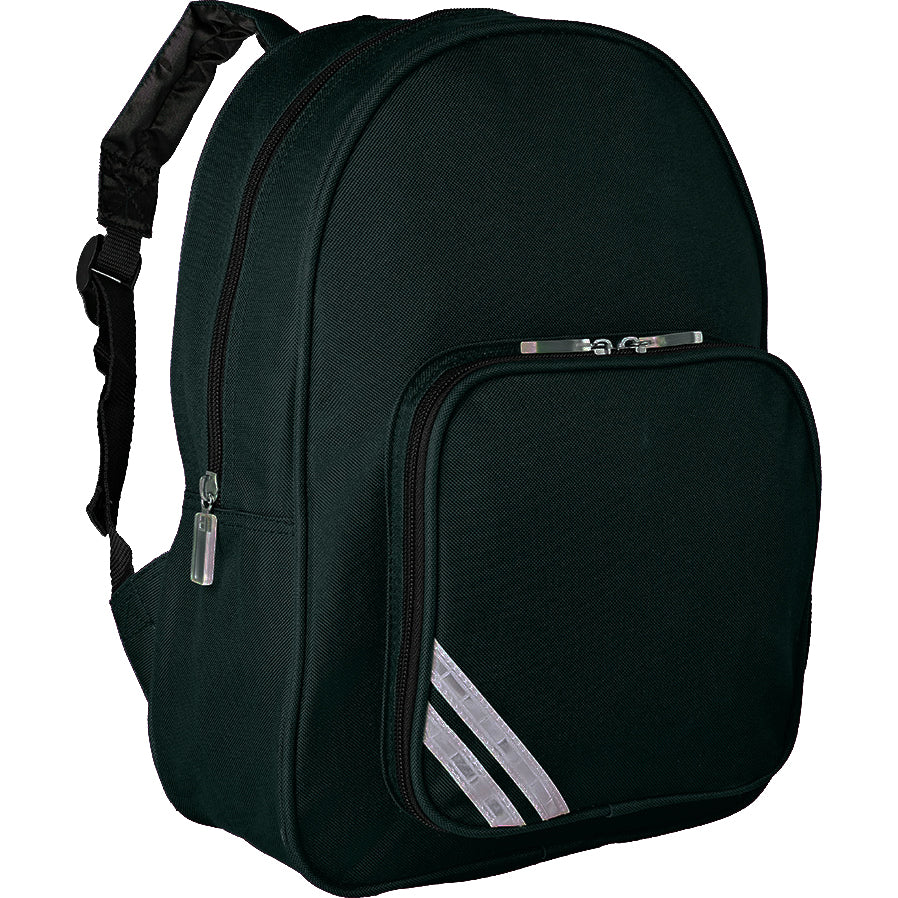 A bottle green backpack featuring a main compartment and a smaller zippered front pocket that has three reflective stripes attached.