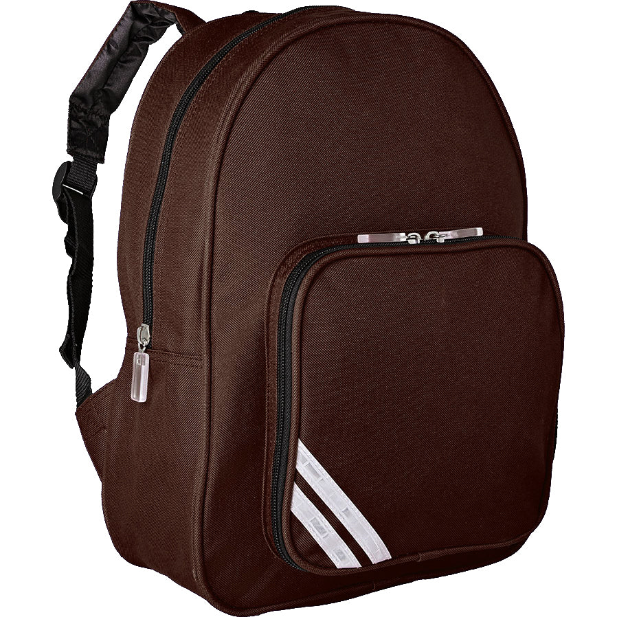 A brown backpack featuring a main compartment and a smaller zippered front pocket that has three reflective stripes attached.