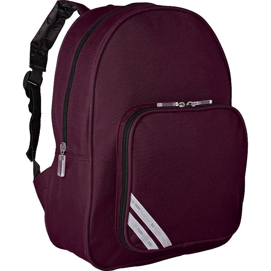 A maroon backpack featuring a main compartment and a smaller zippered front pocket that has three reflective stripes attached.