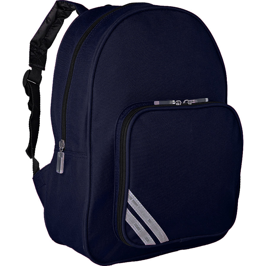 A Navy blue backpack featuring a main compartment and a smaller zippered front pocket that has three reflective stripes attached.