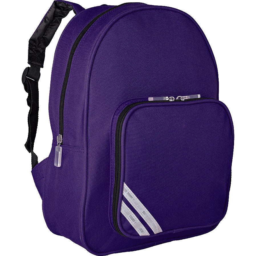 A purple backpack featuring a main compartment and a smaller zippered front pocket that has three reflective stripes attached.