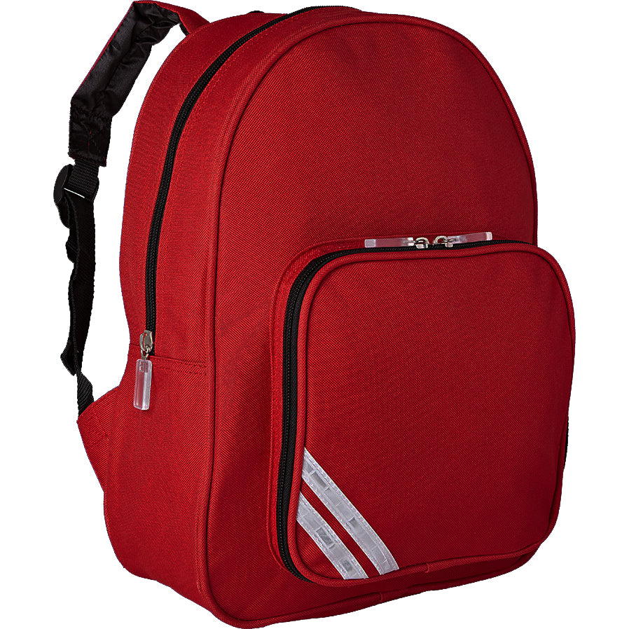 A red backpack featuring a main compartment and a smaller zippered front pocket that has three reflective stripes attached.