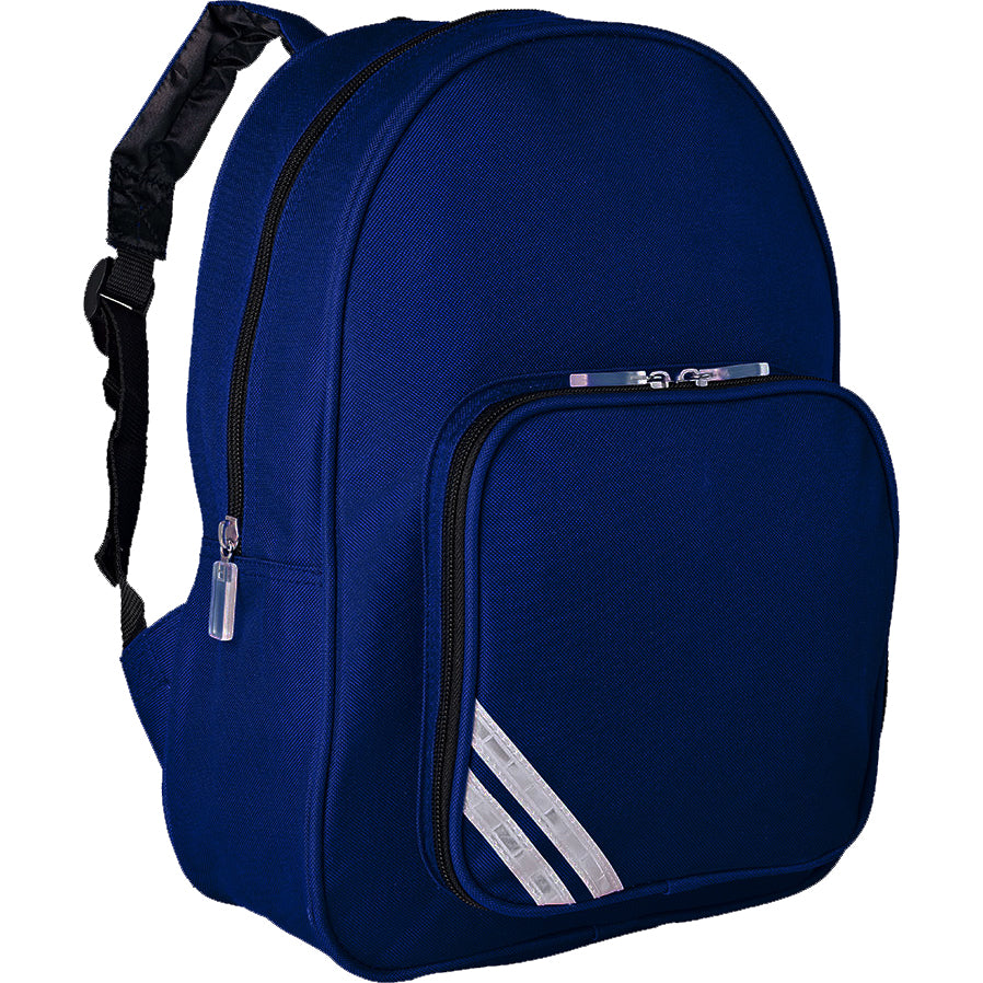 A royal blue backpack featuring a main compartment and a smaller zippered front pocket that has three reflective stripes attached.