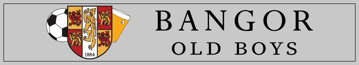 A rectangular gray banner featuring the Bangor Old Boys logo on the left, with a soccer ball and a multicolored shield crest, alongside the text 'BANGOR OLD BOYS' in black on the right.