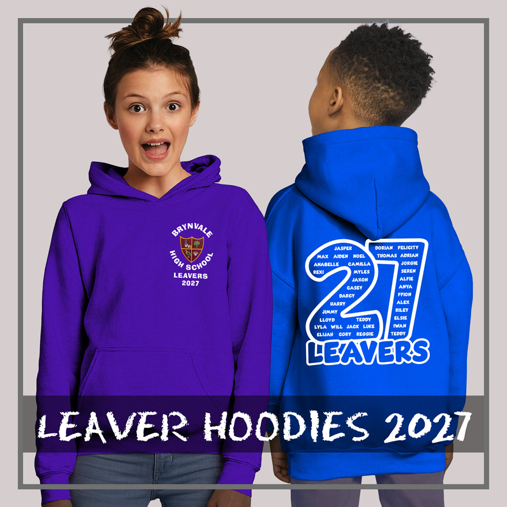 Two pupils model 2027 leavers hoodies: a purple hoodie with a school crest and a blue hoodie featuring a name-filled “27” and “LEAVERS” on the back. The image reads “Leaver Hoodies 2027.”