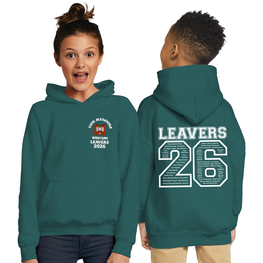 Front and back views of teal school leaver hoodies with ‘Leavers 2026’ and student names inside the number 26.