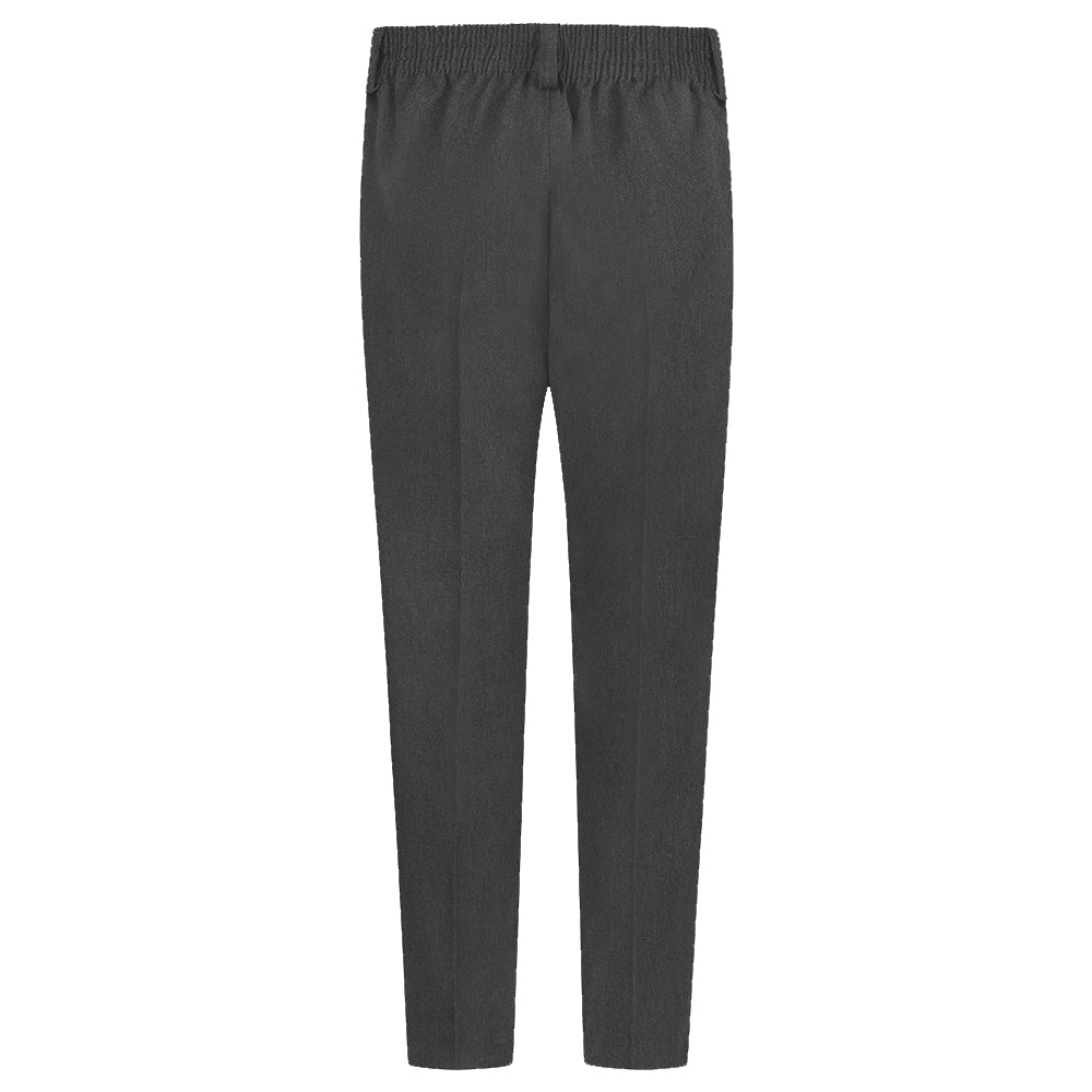 
                  
                    Grey tailored primary school trousers with a flat front and elastic waistband, viewed from the back.
                  
                