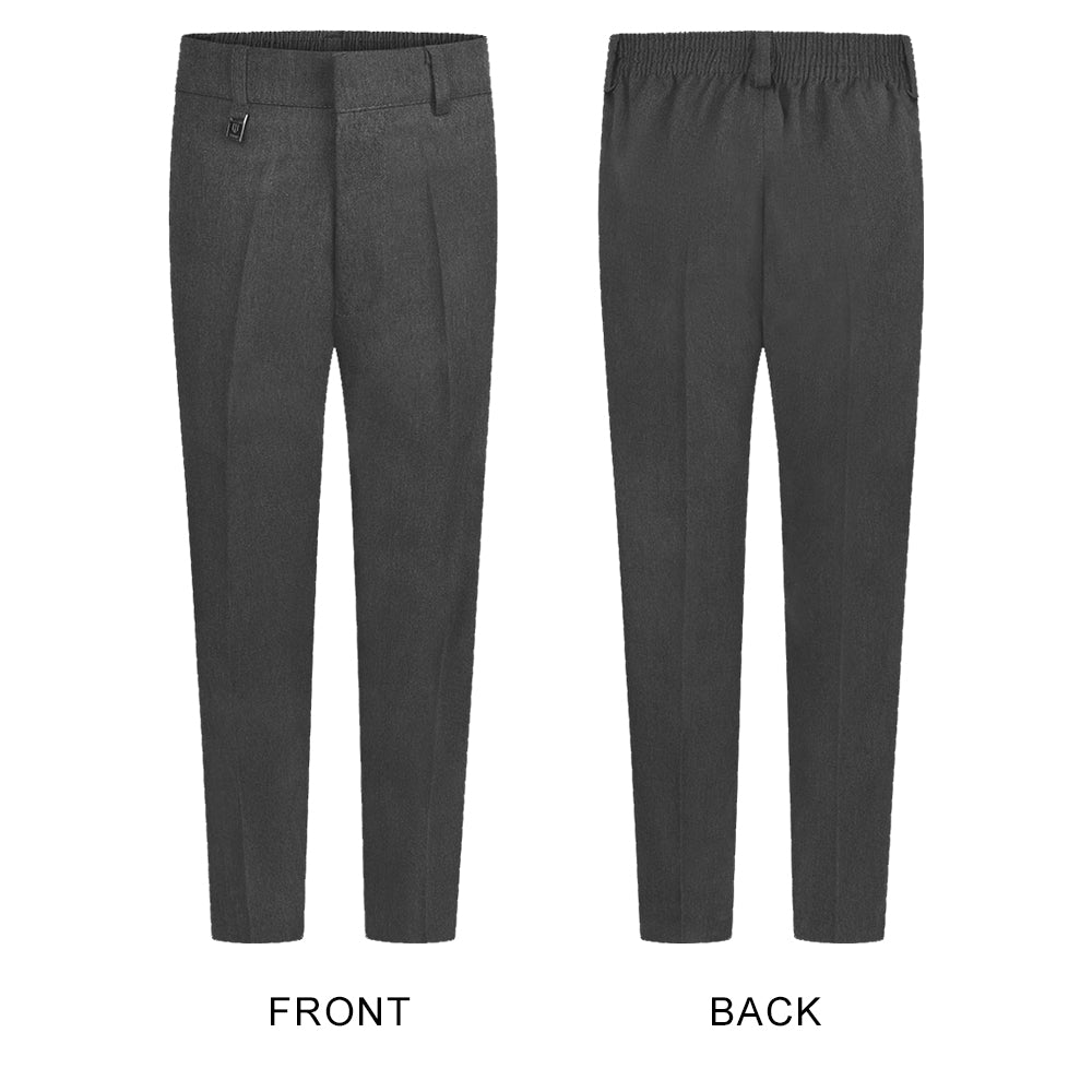 
                  
                    Front and back views of grey trousers with a waistband and pleats.
                  
                