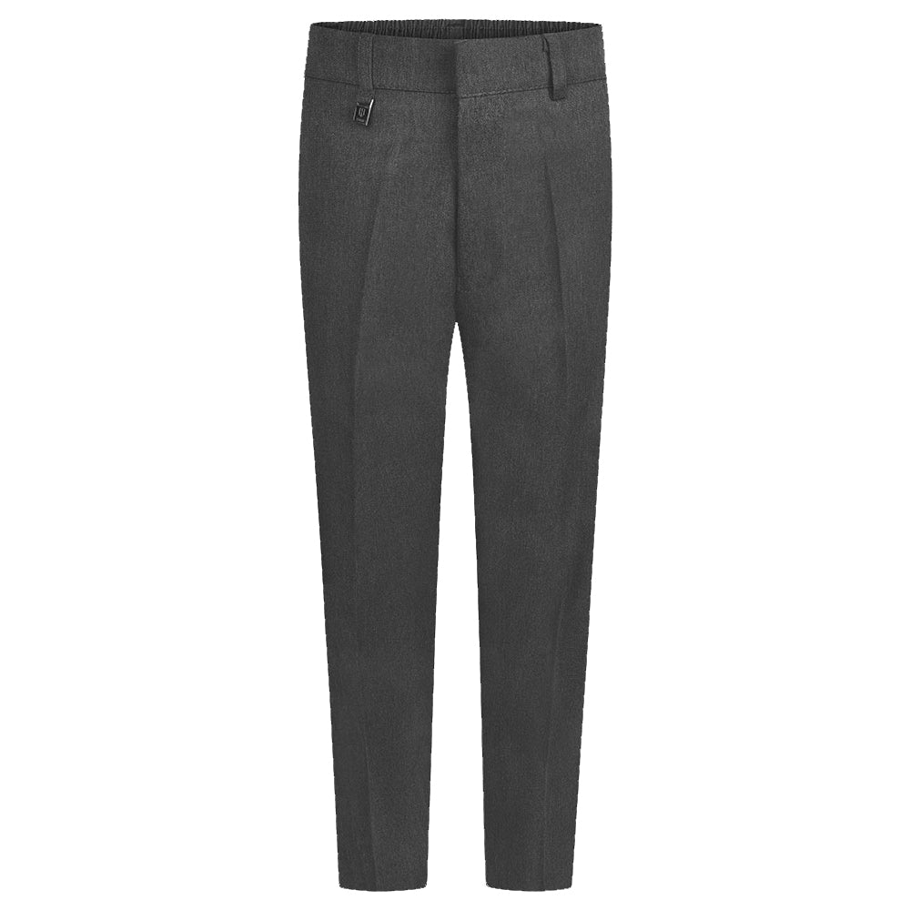 Grey tailored primary school trousers with a flat front and elastic waistband.