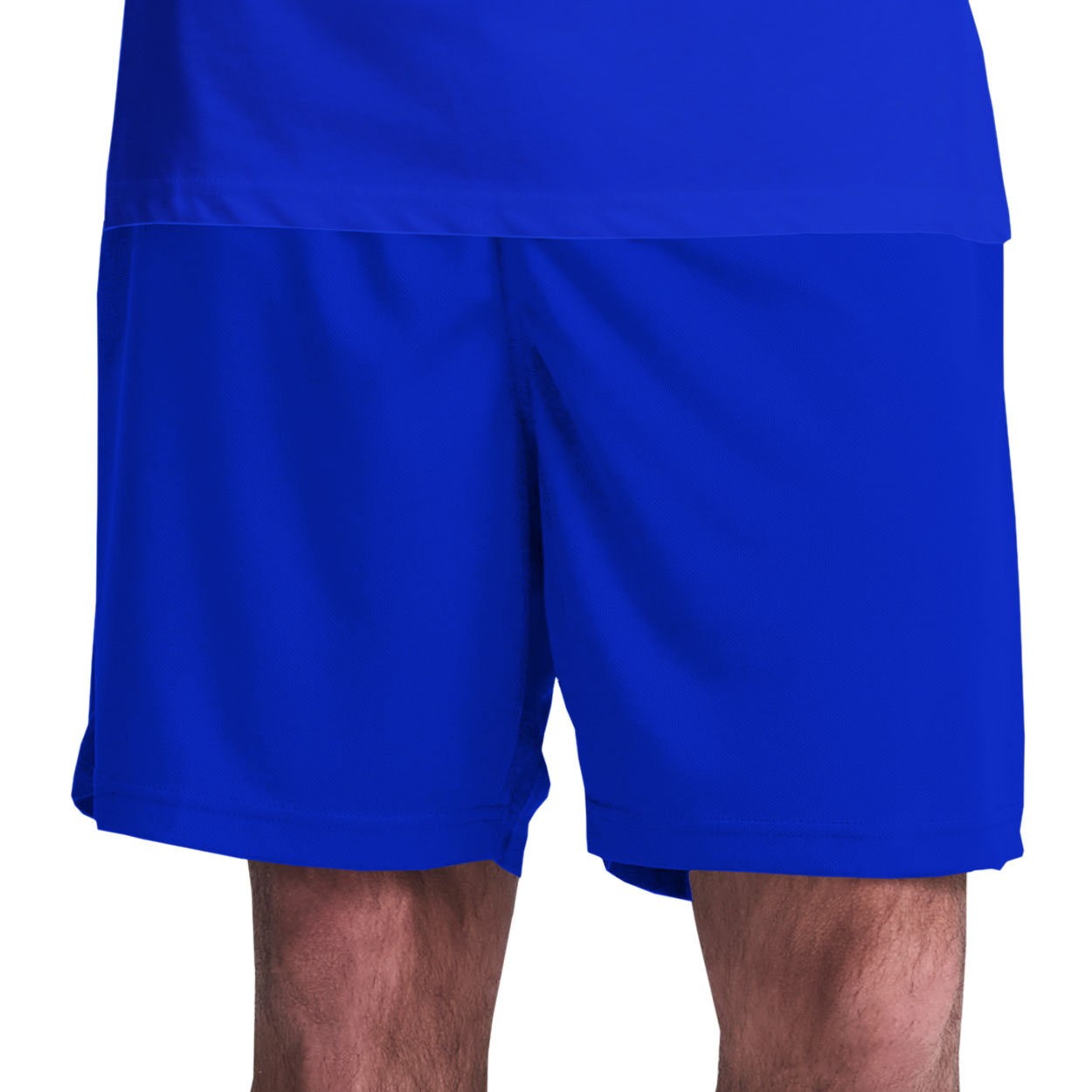 Close-up of a person wearing royal blue football shorts against a plain white background.