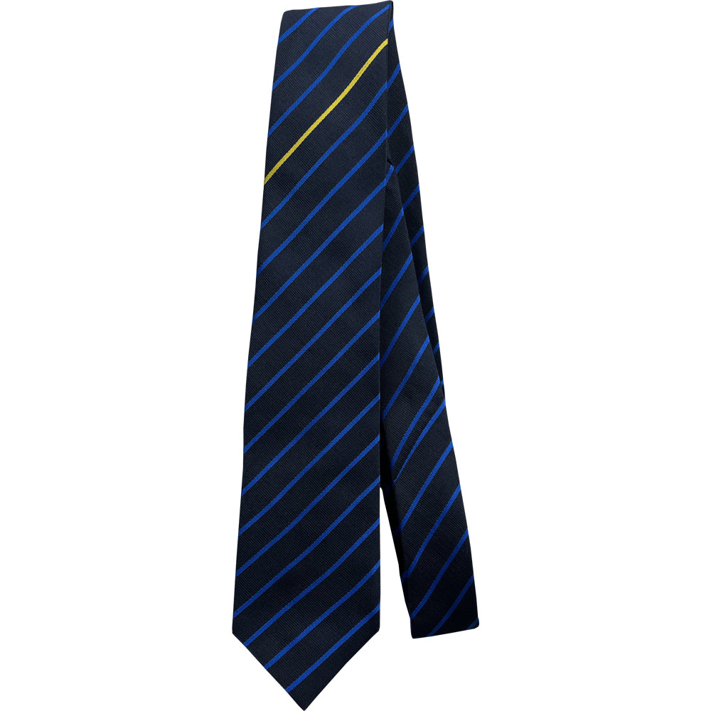 
                  
                    Ysgol Clywedog Navy and blue striped tie with yellow house stripe
                  
                