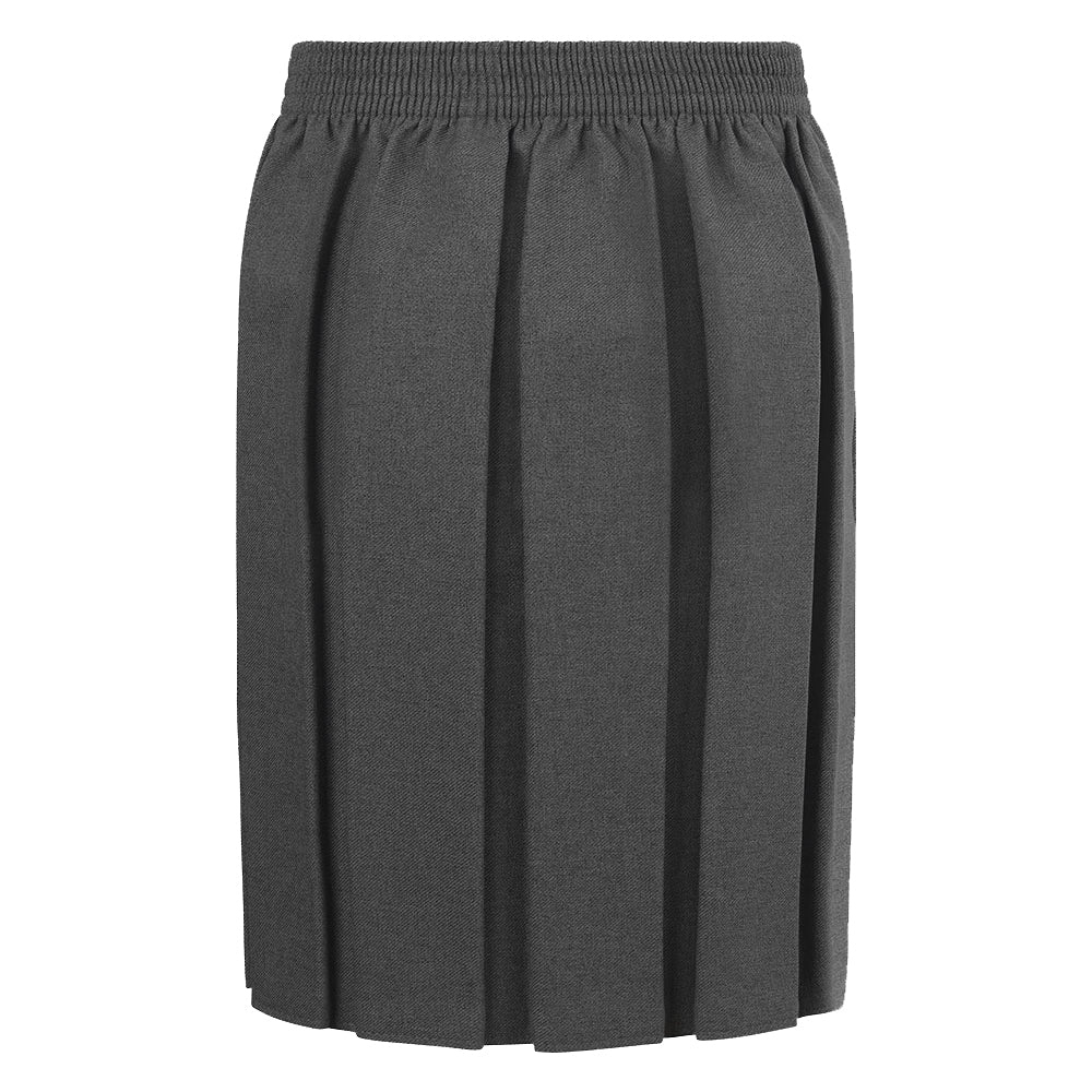 A grey primary school skirt featuring vertical pleats and an elasticized waistband, designed for comfort and ease of wear.