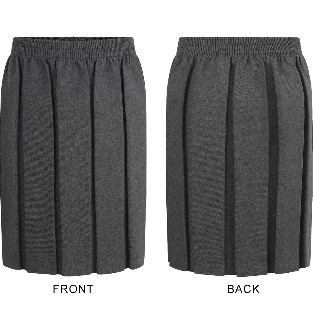 
                  
                    Grey pleated primary school skirt shown from the front and back, labeled as "FRONT" and "BACK."
                  
                