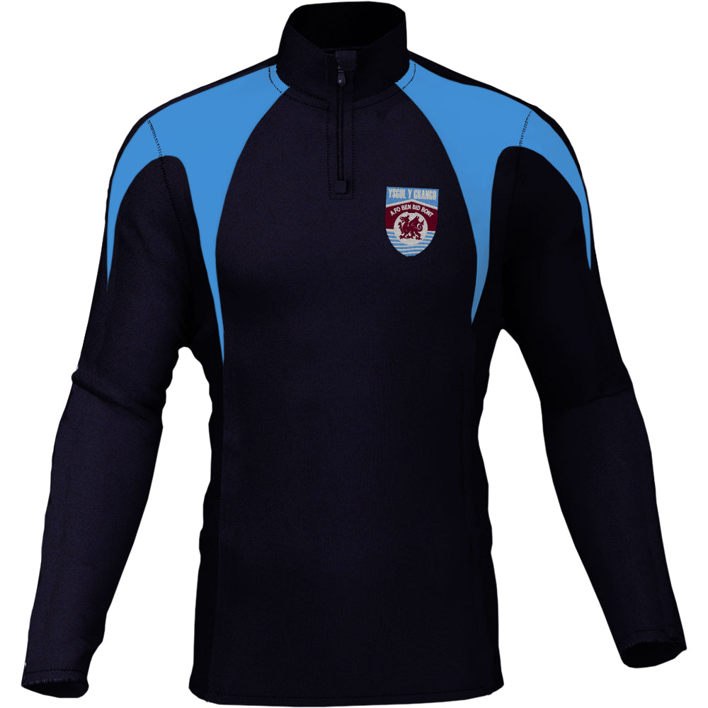 A navy and sky blue quarter-zip midlayer showcasing the Ysgol Y Grango school logo, making it perfect for casual or sport.