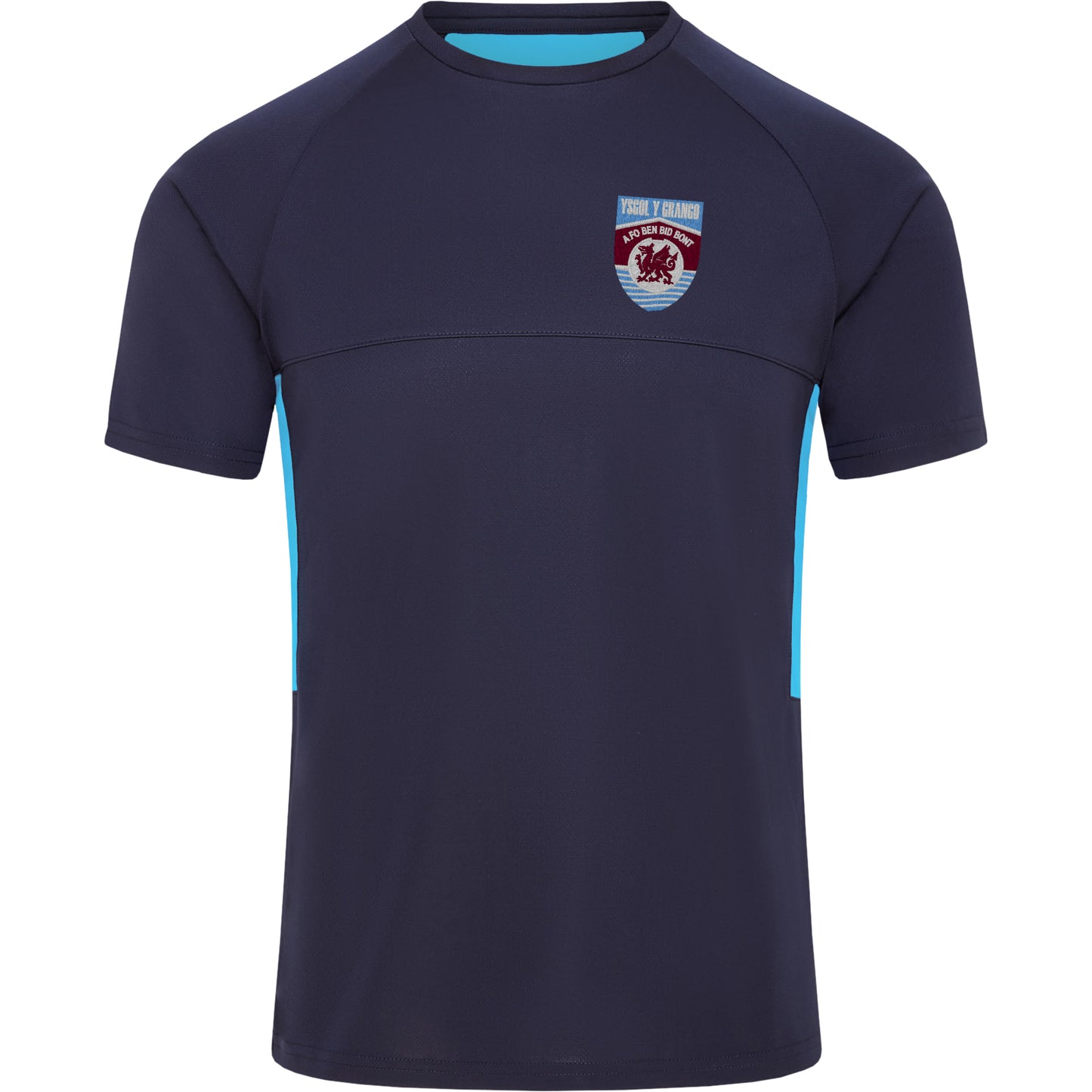 A Navy and Sky Blue tech t-shirt featuring the Ysgol Y Grango High School sports logo prominently displayed on the front. 