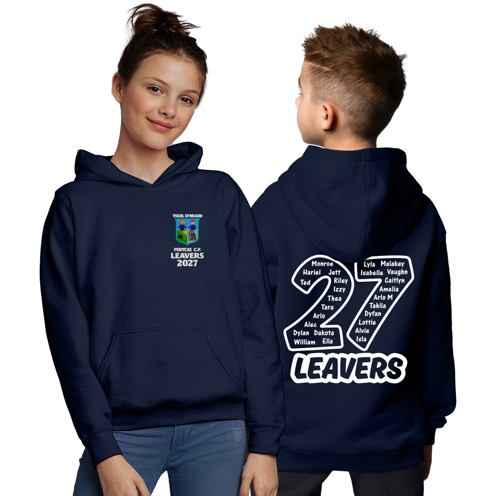 A boy and a girl modeling a Penycae Leavers hoodie. The girl shows the front of the hoodie, which features the school logo and the text Leavers 2027 below