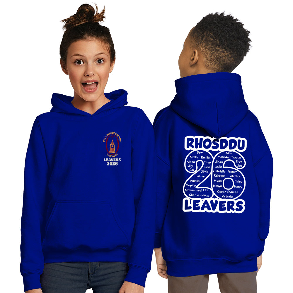 Two children wearing royal blue hoodies with 'Rhosddu 26 Leavers' text and design.
