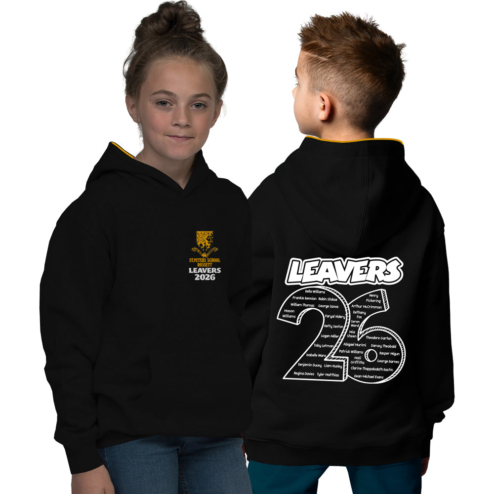 Two children wearing black hoodies with Leavers 2026 text, one showing front and the other back.
