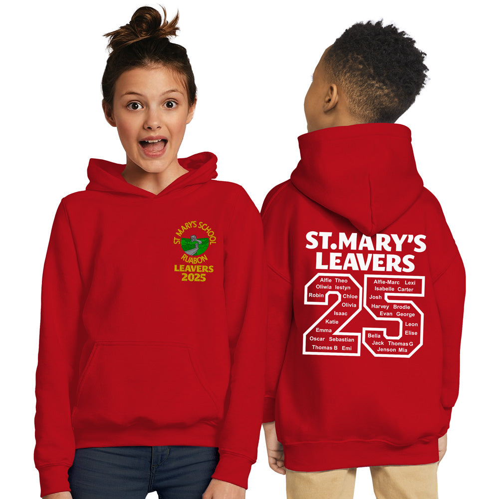 A Red hoodie with St. Mary′s School Ruabon Leavers 2025 design on the front‚ featuring all of the leavers names on the back.