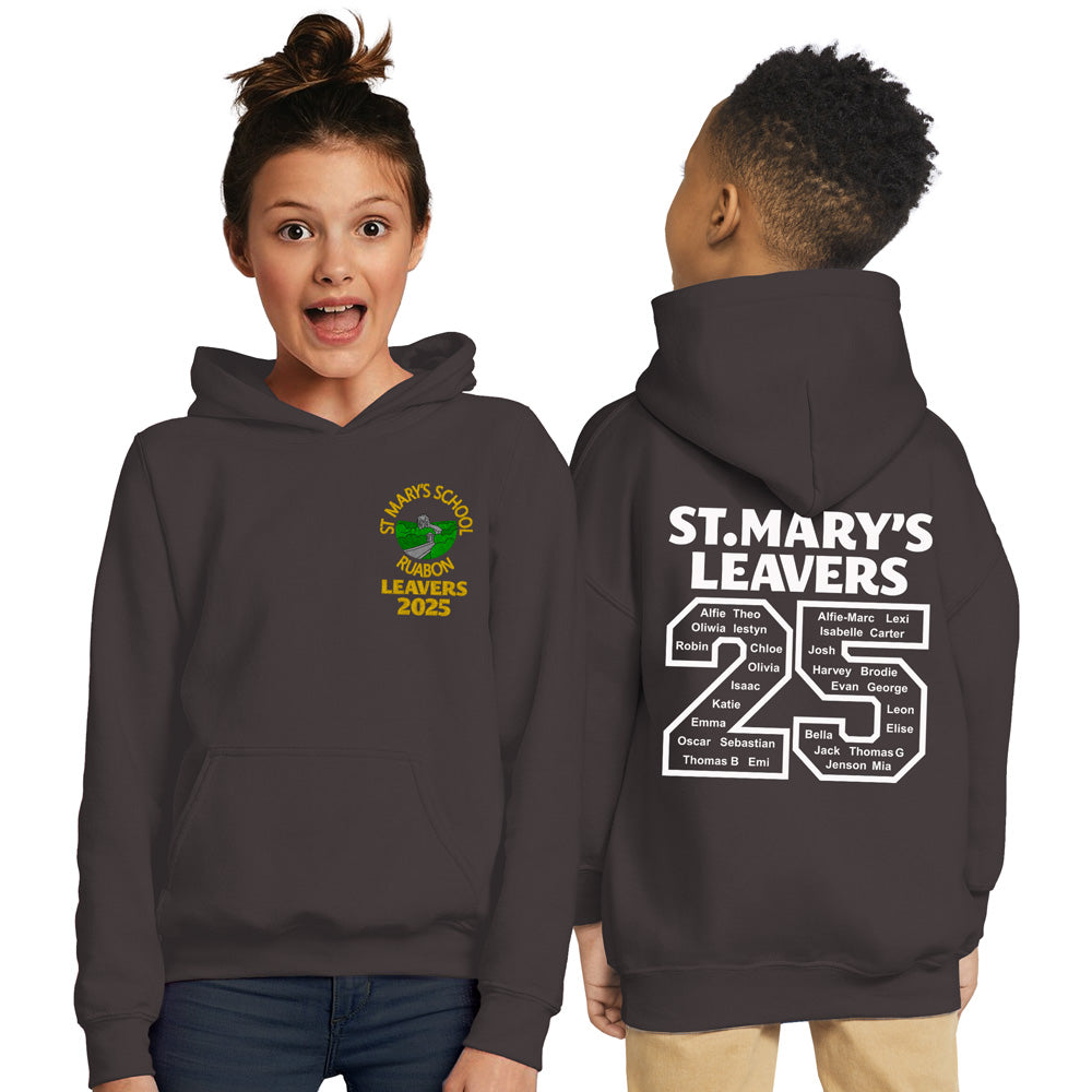 
                  
                    A Grey hoodie with St. Mary′s School Ruabon Leavers 2025 design on the front‚ featuring all of the leavers names on the back.
                  
                