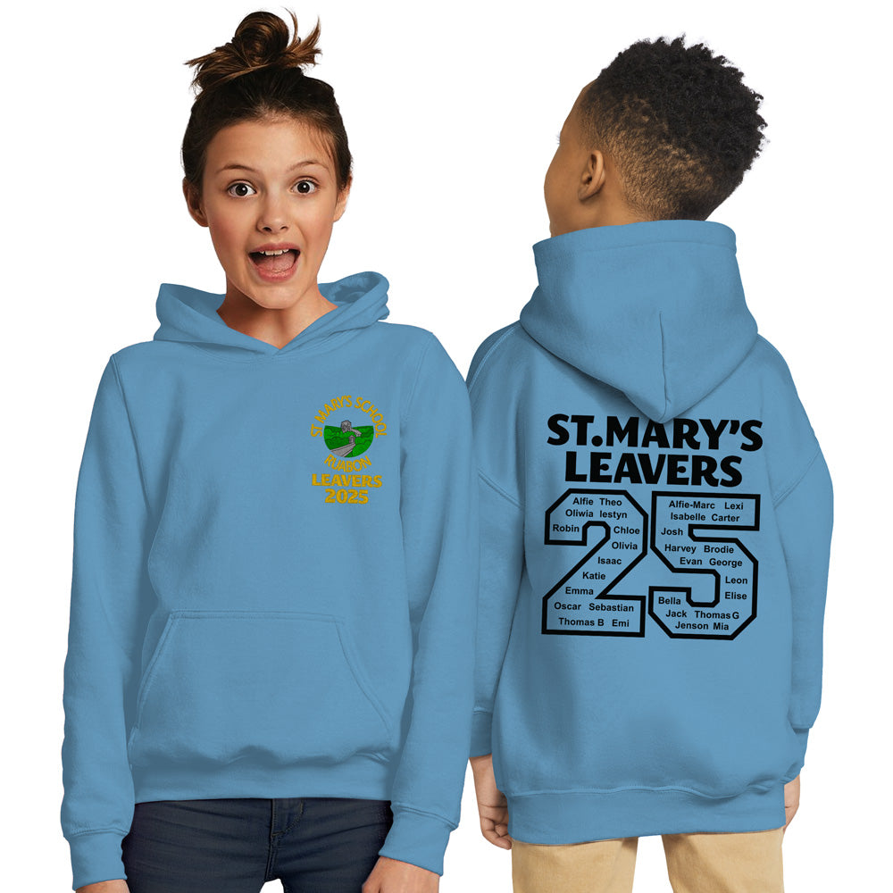 
                  
                    A Blue hoodie with St. Mary′s School Ruabon Leavers 2025 design on the front‚ featuring all of the leavers names on the back.
                  
                