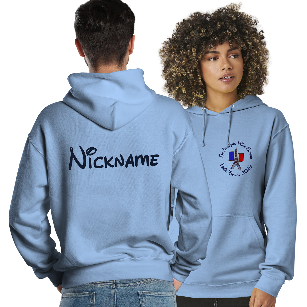 Two people wearing light blue hoodies, one with Nickname printed on the back and the other with a design embroidered on the breast.