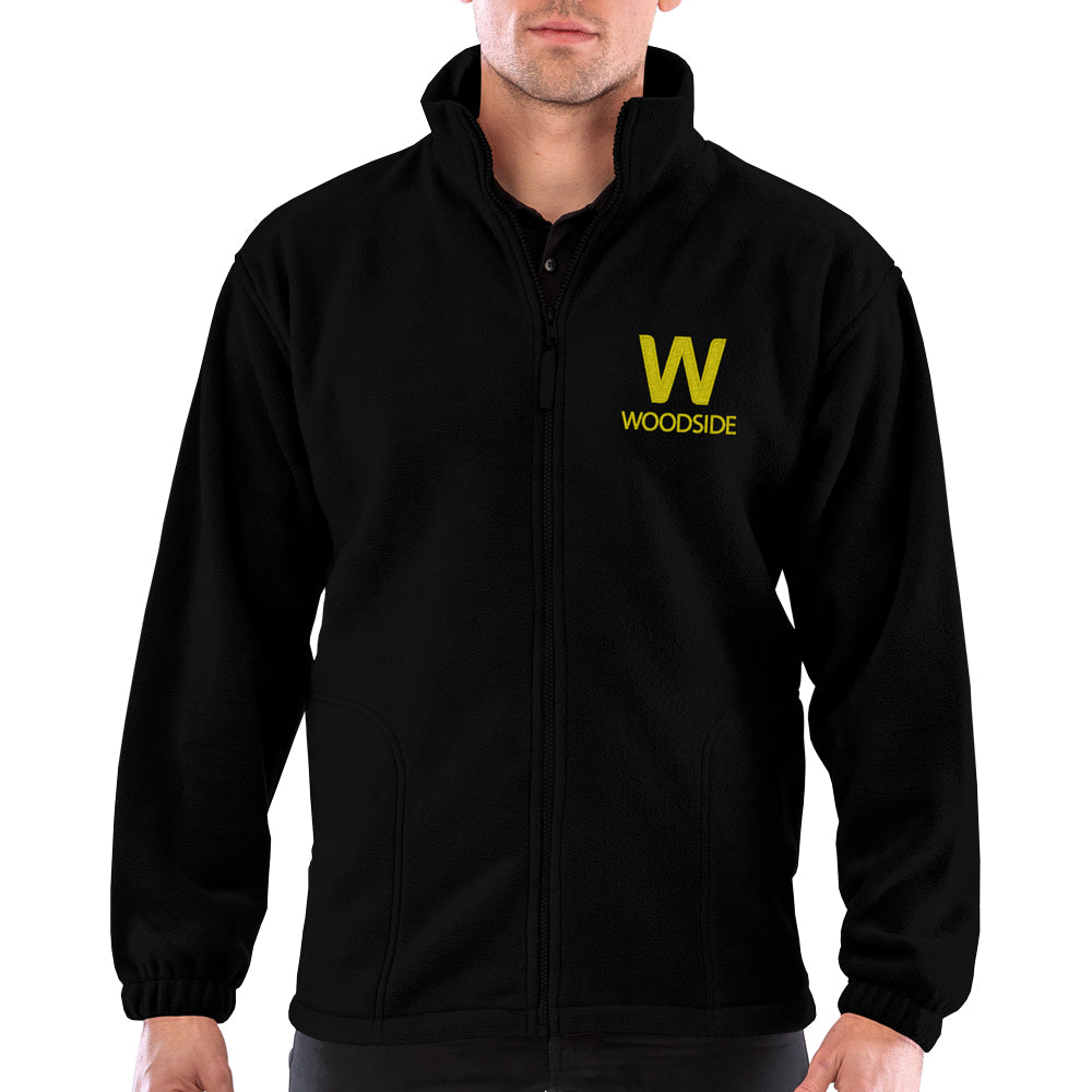 
                  
                    Black jacket with a yellow Woodside 'W' logo on the left breast
                  
                