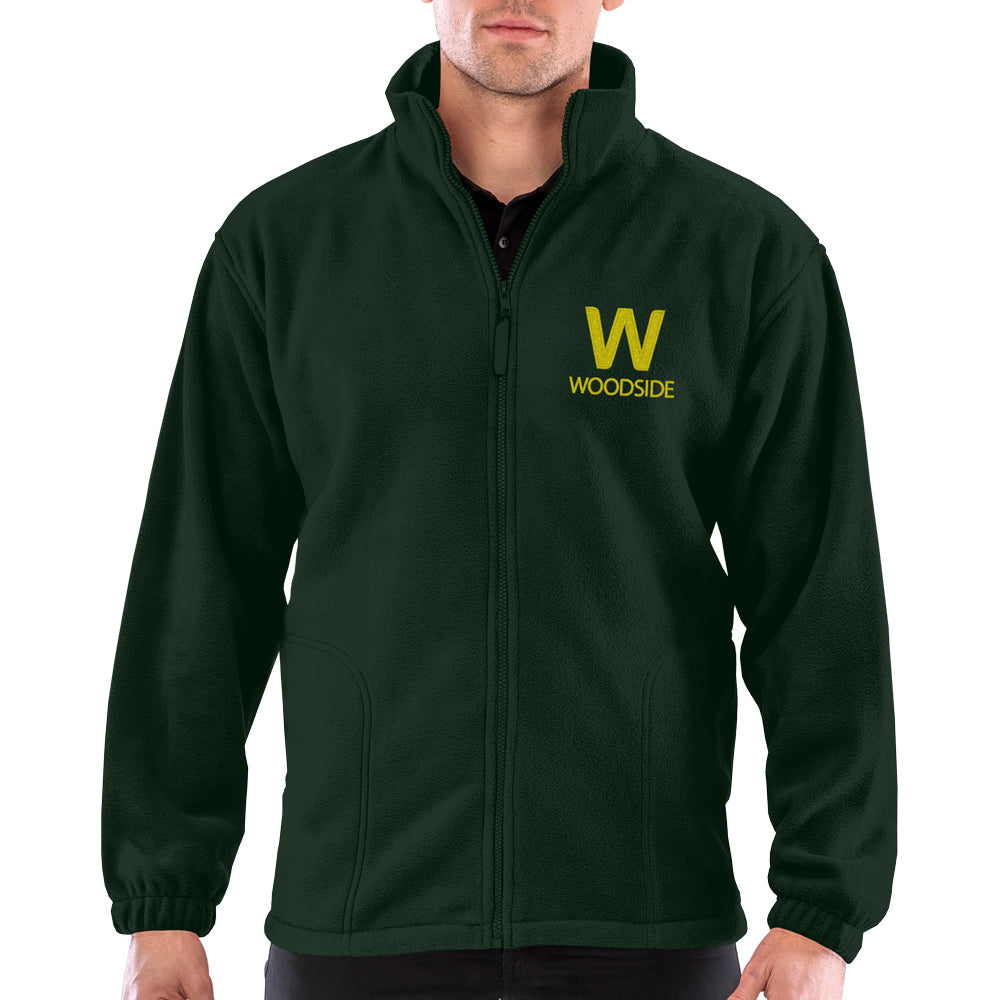 
                  
                    Forest Green jacket with a yellow Woodside 'W' logo on the left breast
                  
                