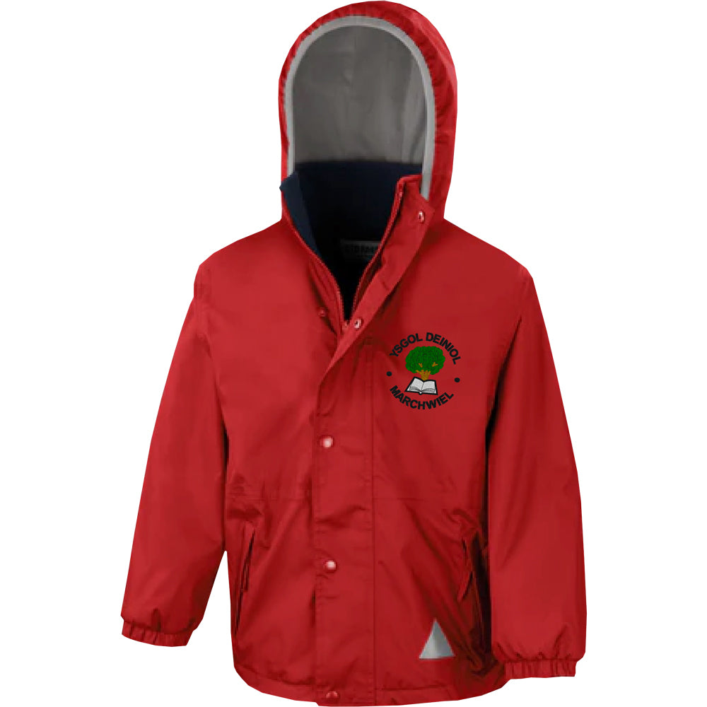 Red Ysgol Deiniol Reversible Jacket  hood up and logo on left breast.