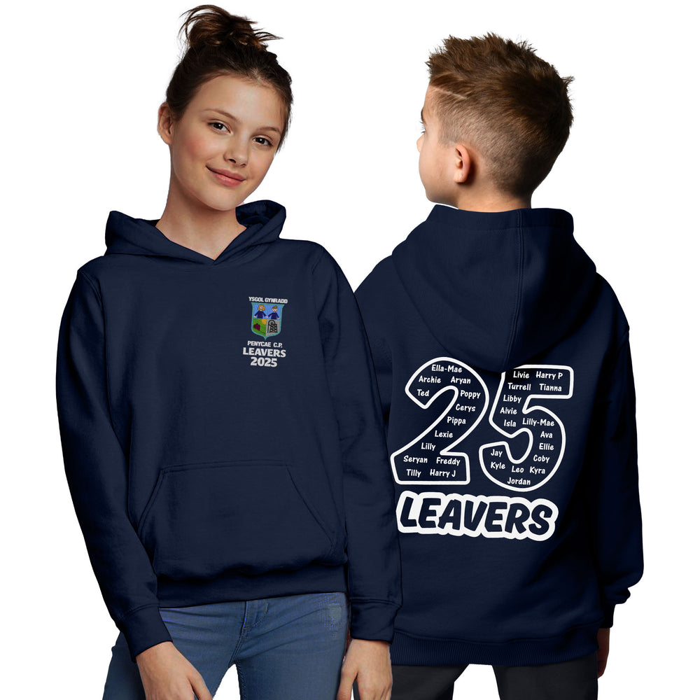 Two children are modeling a navy blue school leavers hoodie. The front features a school emblem with 