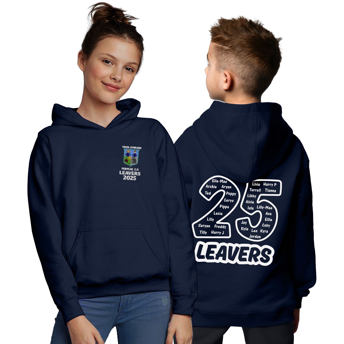 Two children are modeling a navy blue school leavers hoodie. The front features a school emblem with "LEAVERS 2025" below it. The back displays "25 LEAVERS" in large white letters, surrounding various children's names in a much smaller font.