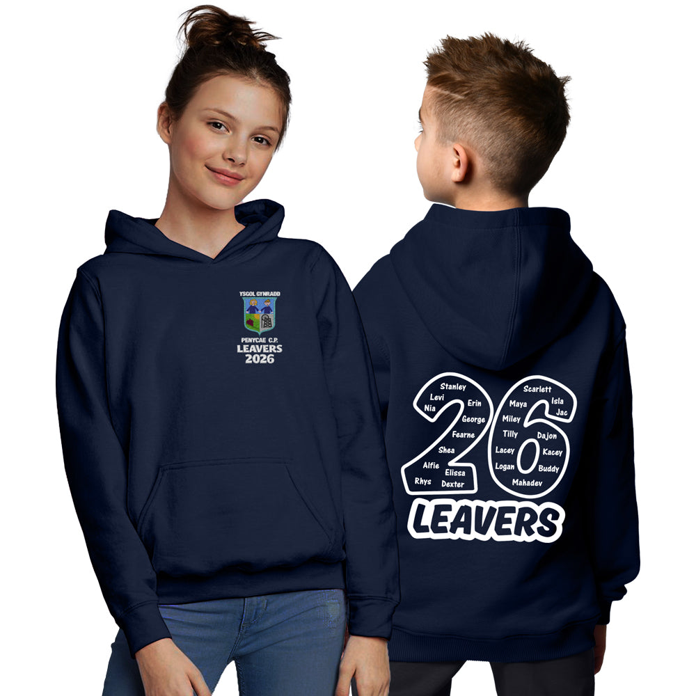Two children are modeling a navy blue school leaver hoodie. The front features a school emblem with LEAVERS 2026 below it. The back displays 26 LEAVERS in large white letters.