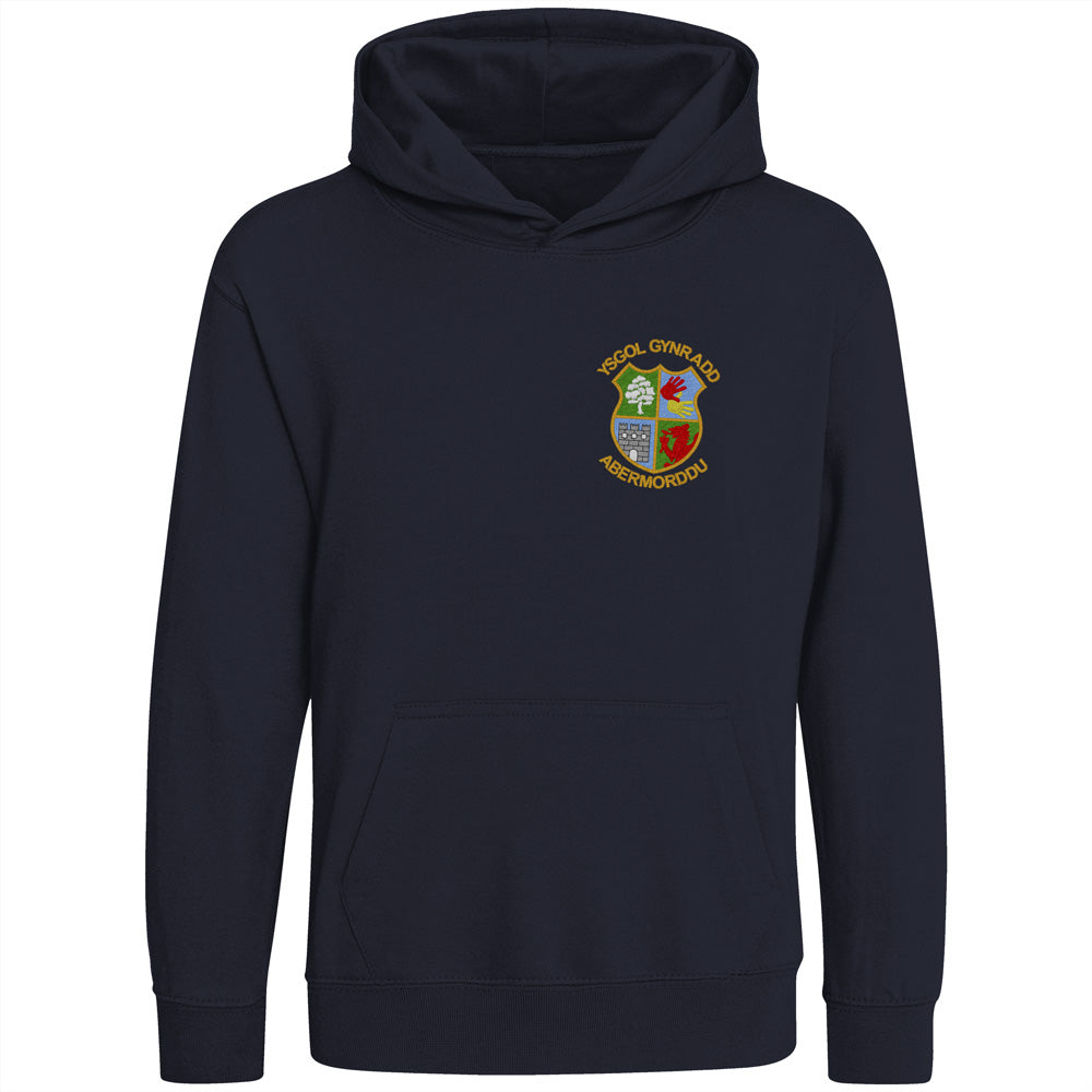 A navy blue hoodie featuring an embroidered crest that includes symbols and the text 