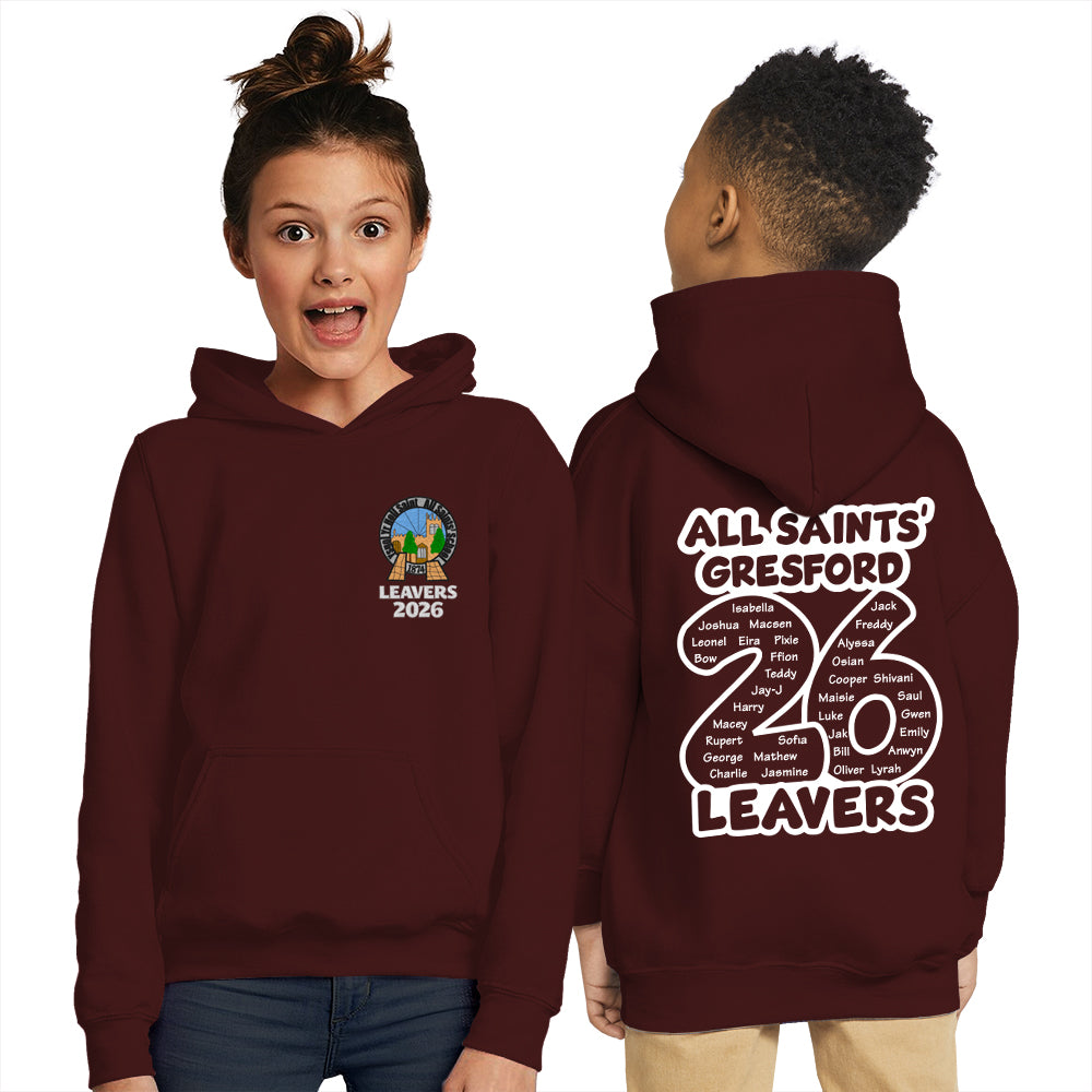 Two students modeling maroon leavers hoodies for All Saints' Gresford, front crest and large 26 name print on back.