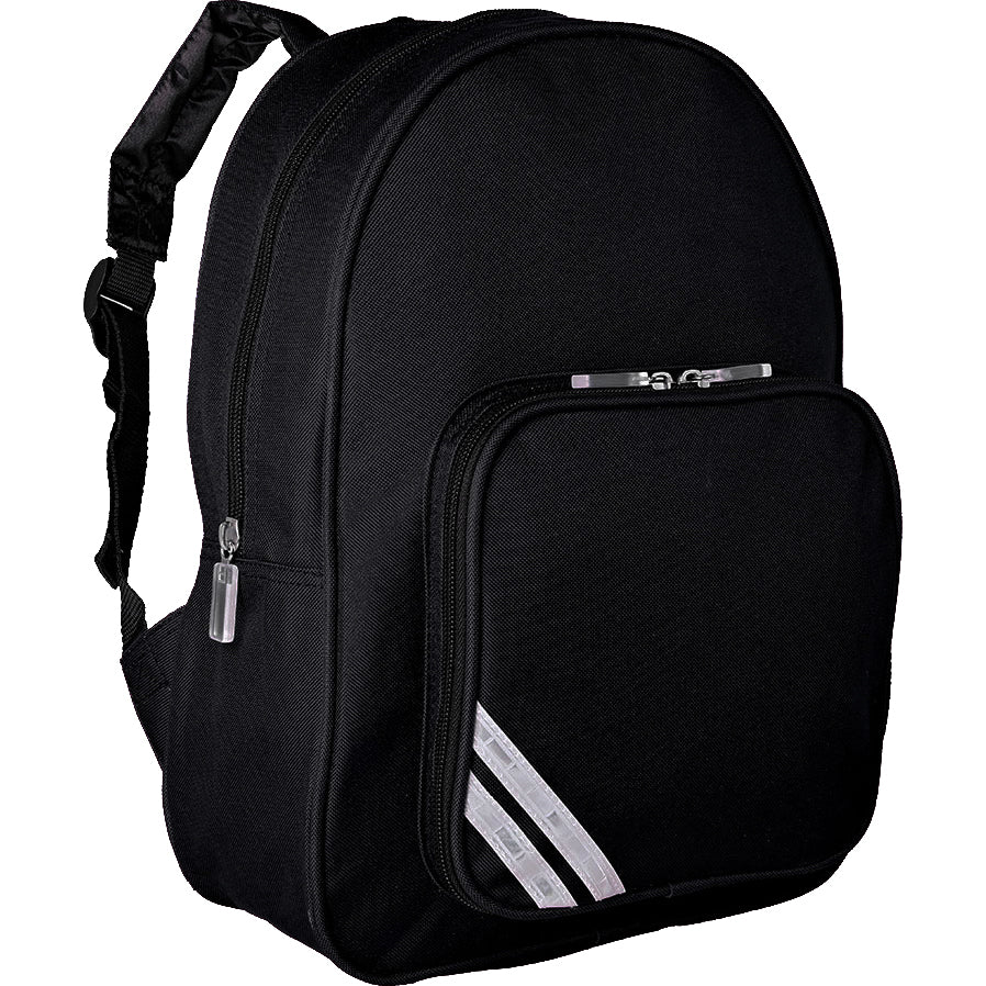 A black backpack featuring a main compartment and a smaller zippered front pocket that has three reflective stripes attached. 