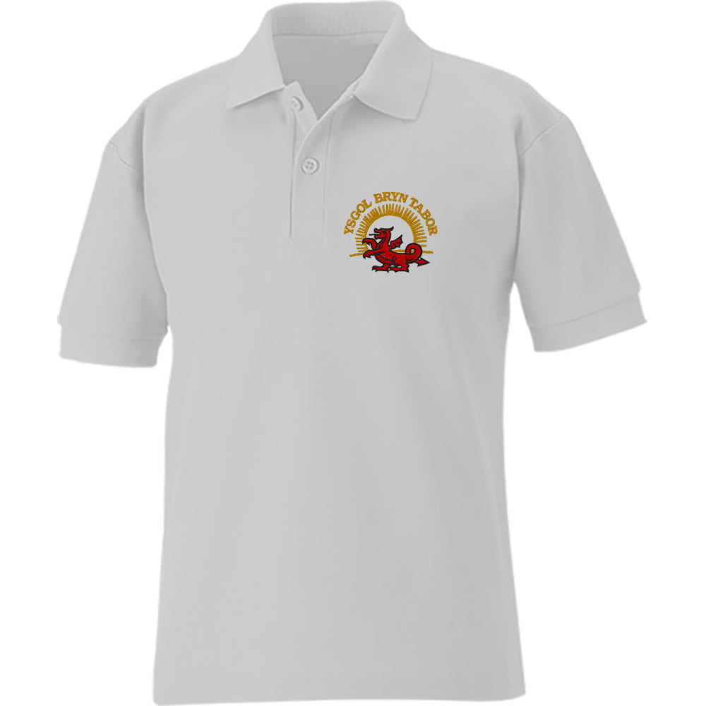 A white polo shirt with Ysgol Bryn Tabor logo embroidered on the left breast
