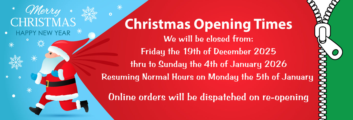 Christmas opening times announcement with Santa Claus and a red bag on a blue background.