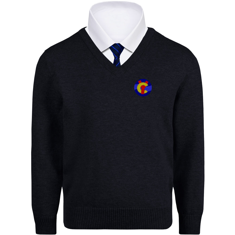 A navy blue knitted sweater featuring the Clywedog school  logo prominently embroidered on the front.  