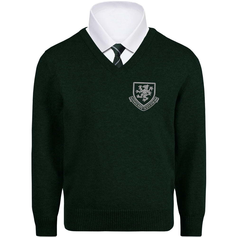A bottle green knitted sweater featuring the Darland school  logo prominently embroidered on the front.  