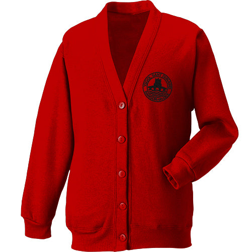 A stylish red cardigan sweater showcasing a logo on the front side.