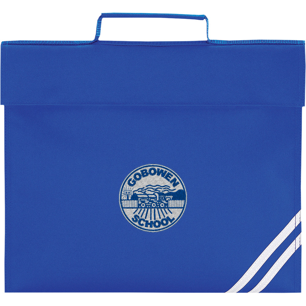 Royal  blue bookbag with Gobowen School logo featuring a stylized steam train in station