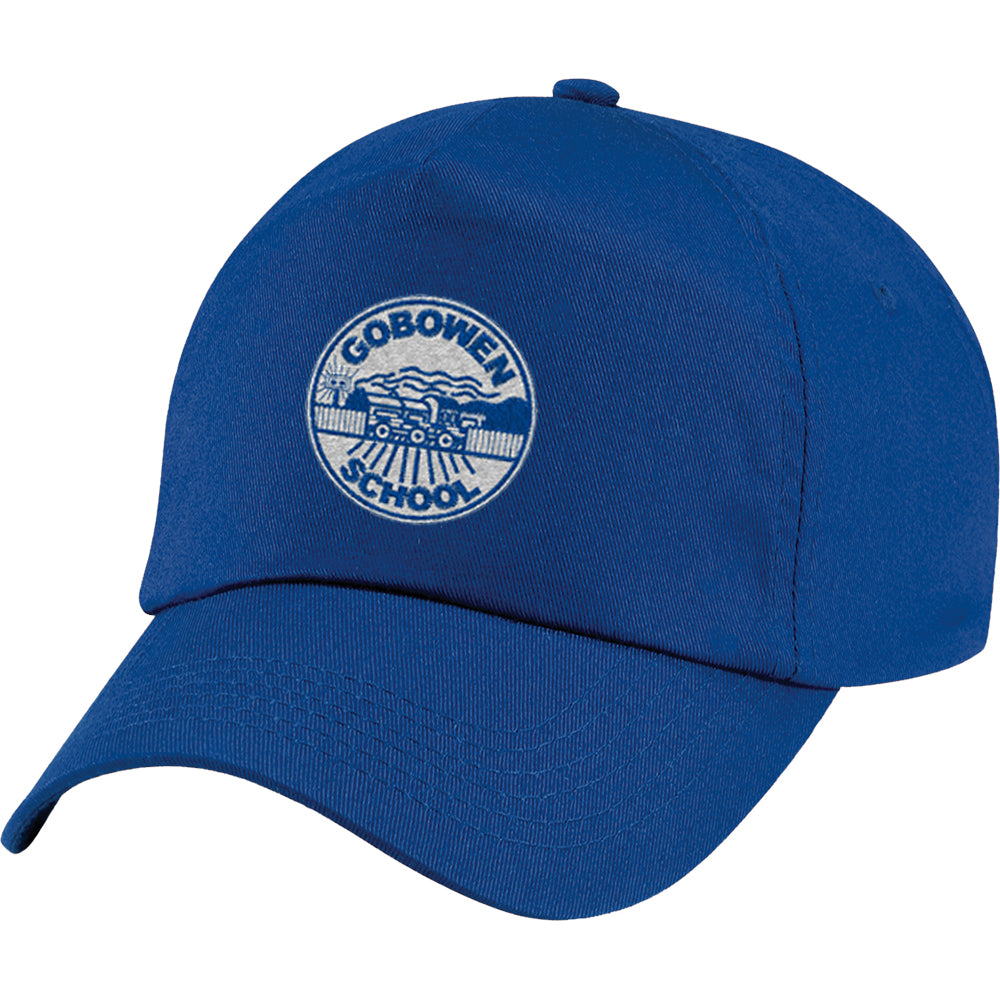Royal  blue cap with Gobowen School logo featuring a stylized steam train in station