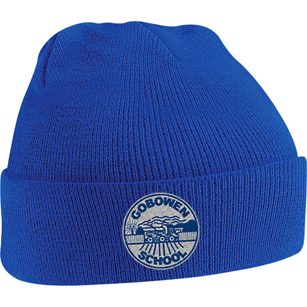 Royal  blue hat with Gobowen School logo featuring a stylized steam train in station