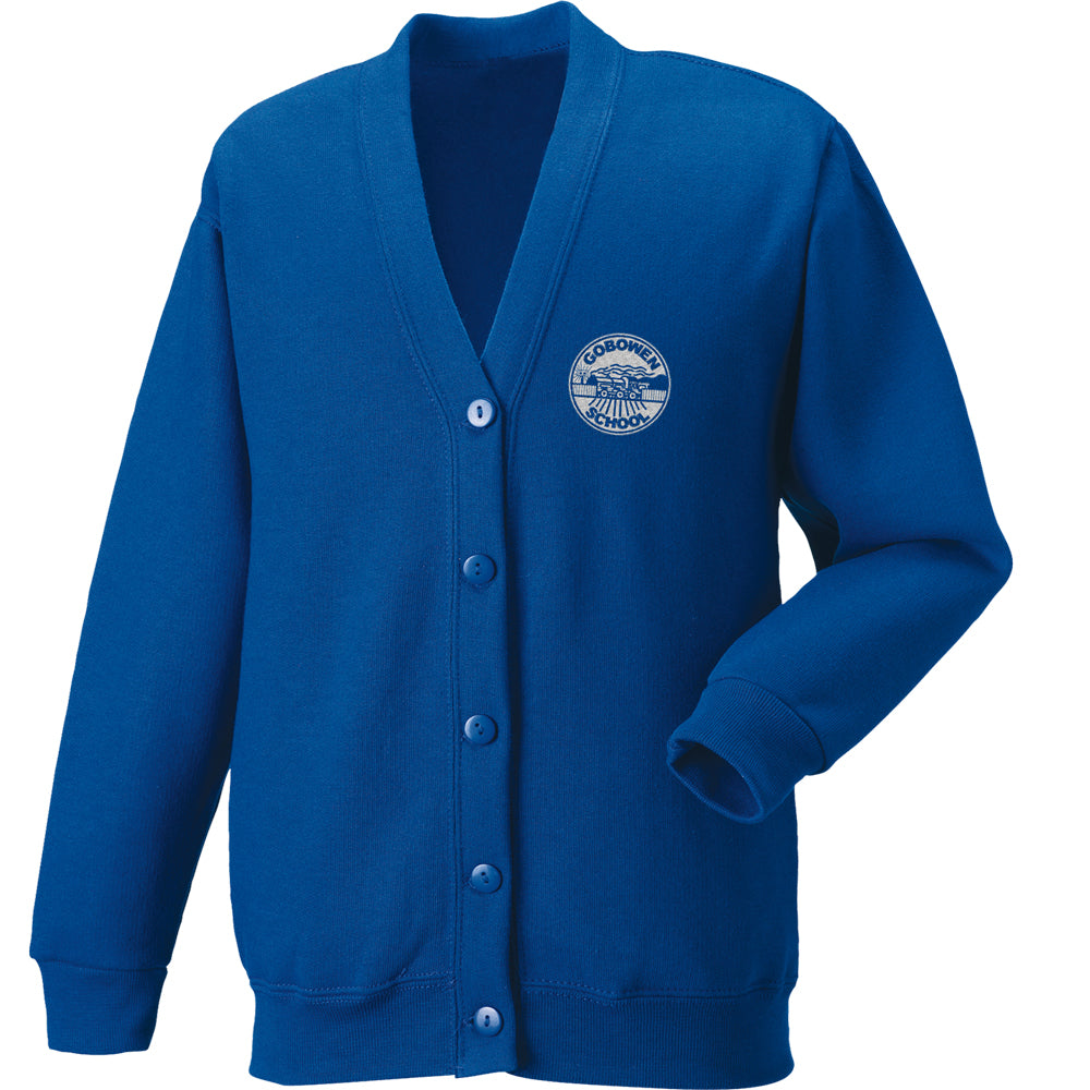 Royal  blue cardiagan with Gobowen School logo featuring a stylized steam train in station