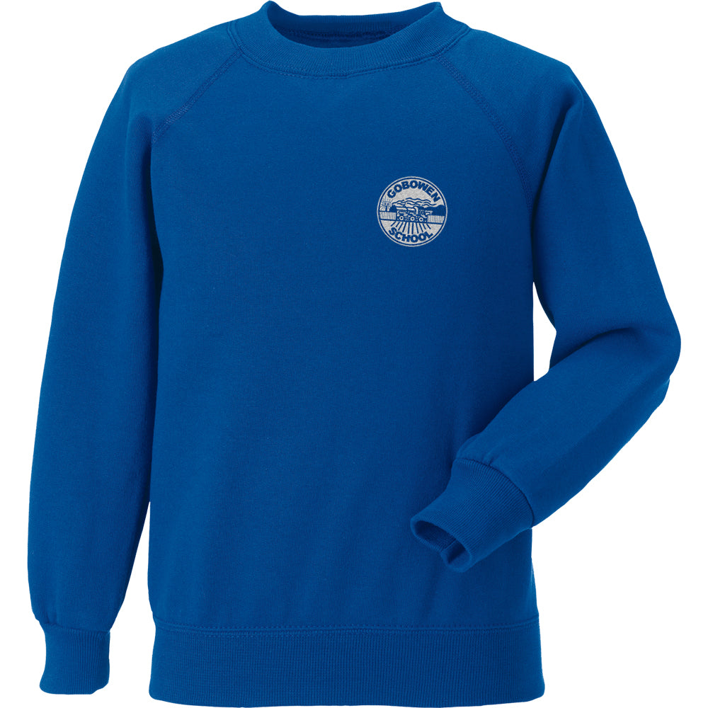 Royal  blue sweater with Gobowen School logo featuring a stylized steam train in station