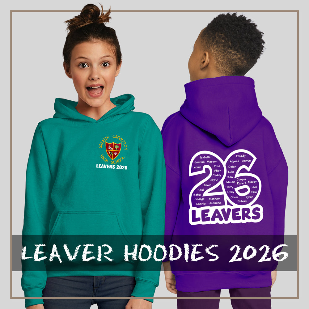 Two children wearing school ‘Leavers 2026’ hoodies, showing front crest logo and large ‘26’ with names on the back