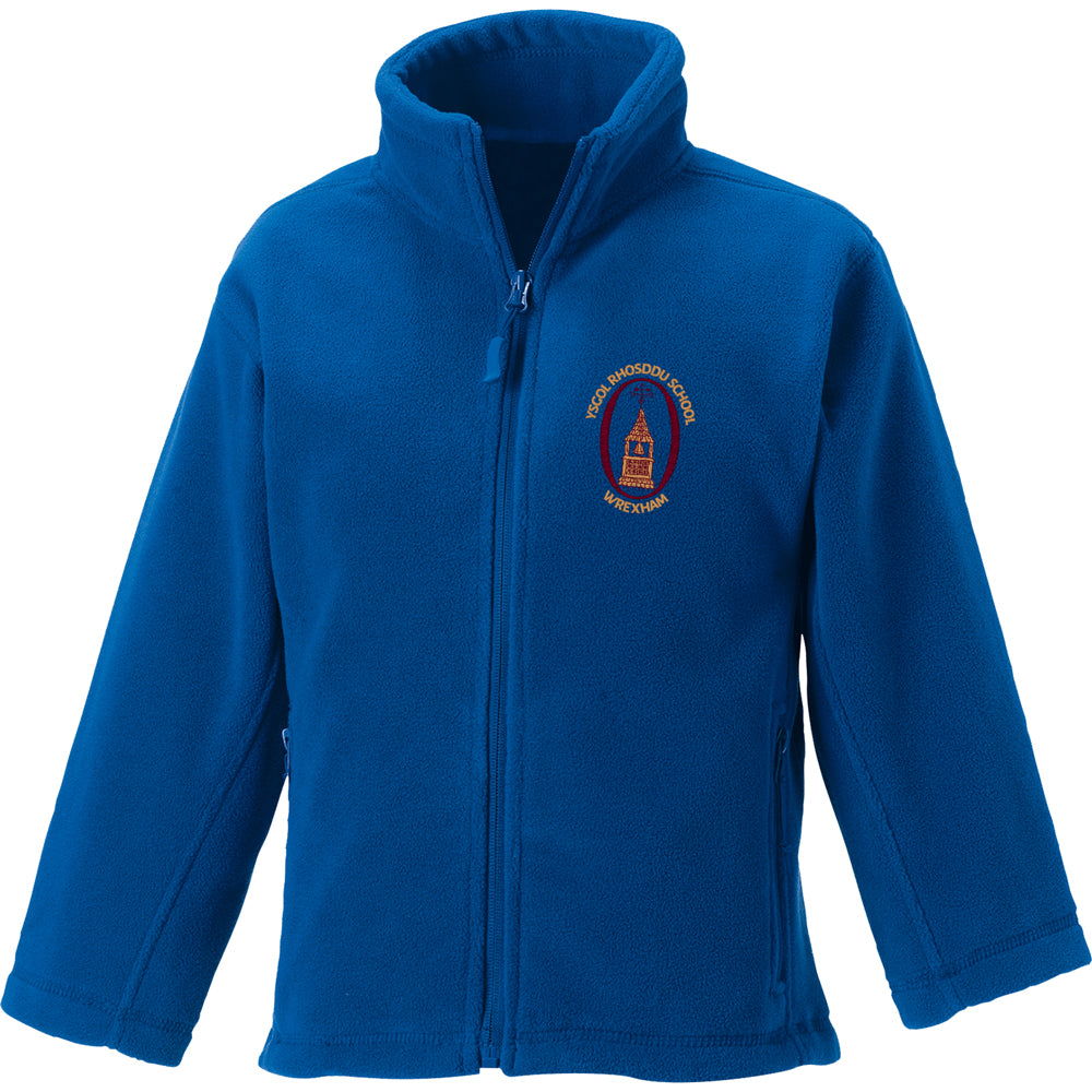 A royal blue Rhosddu fleece jacket with school logo on the left breast