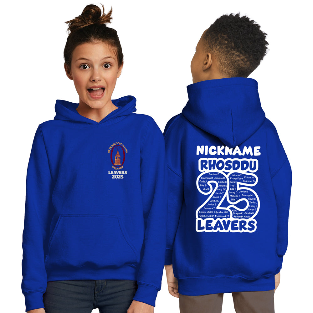 A Royal Blue Hoodie featuring the Rhosddu school logo with Leavers 25 below.
Names are printed in the number 25 on the back.
