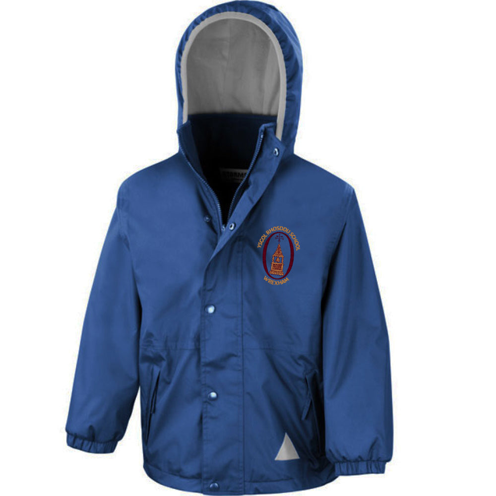 rhosddu royal blue  jacket with a logo on the left breast and hood up