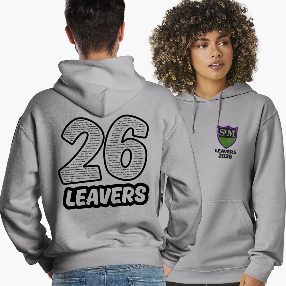 Grey St Martins Leavers hoodie, small logo on front, large ‘26’ with names on back.